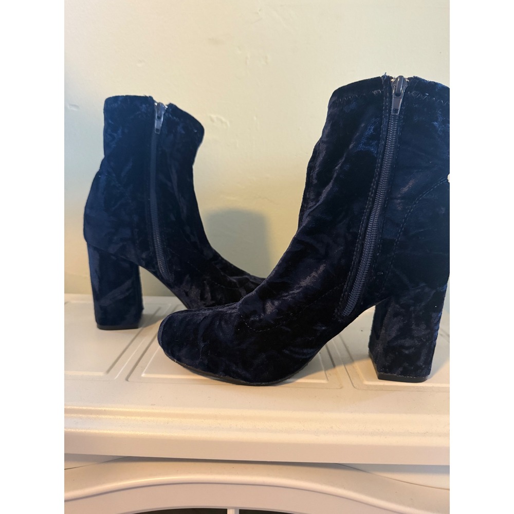 Blue Velvet Ankle Boots Block Heel Round Toe Booties whimsigoth  Y2K Women 7 m - Picture 7 of 8